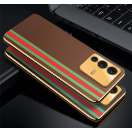 Vaku ® Vivo V23 5G Felix Line Leather Stitched Gold Electroplated Soft TPU Back Cover Case