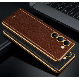 Vaku ® Vivo Y100 4G Luxemberg Leather Pattern Gold Electroplated Soft TPU Back Cover