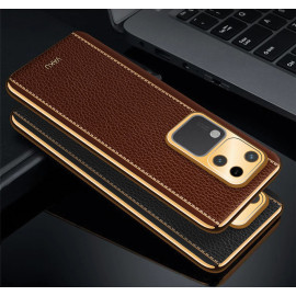 Vaku ® Vivo V30 5G Luxemberg Leather Pattern Gold Electroplated Soft TPU Back Cover