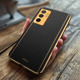 Vaku ® Vivo Y75 4G Luxemberg Series Leather Stitched Gold Electroplated Soft TPU Back Cover