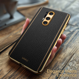 Vaku ® OnePlus 8 Pro Luxemberg Series Leather Stitched Gold Electroplated Soft TPU Back Cover