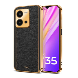 Vaku ® Vivo Y35 4G Luxemberg Leather Pattern Gold Electroplated Soft TPU Back Cover