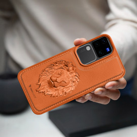 Vaku ® Vivo V30 5G Lion Embossed Luxury Designer Leather Protective Back Cover Case