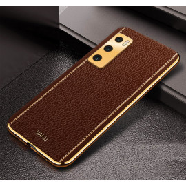 Vaku ® Vivo V20 SE Luxemberg Series Leather Stitched Gold Electroplated Soft TPU Back Cover