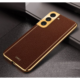 Vaku ® Samsung Galaxy S22 Plus Luxemberg Series Leather Stitched Gold Electroplated Soft TPU Back Cover