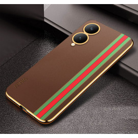 Vaku ® Vivo Y17s Felix Line Leather Stitched Gold Electroplated Soft TPU Back Cover Case