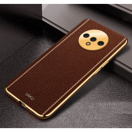 Vaku ® OnePlus 7T Luxemberg Leather Stitched Gold Electroplated Soft TPU Back Cover