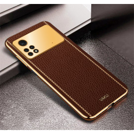 Vaku ® Xiaomi Poco M4 Pro Luxemberg Series Leather Stitched Gold Electroplated Soft TPU Back Cover