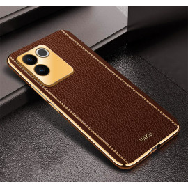 Vaku ® Vivo T2 Pro 5G Luxemberg Leather Pattern Gold Electroplated Soft TPU Back Cover
