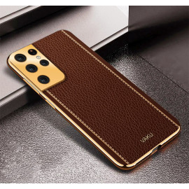 Vaku ® Samsung Galaxy S21 Ultra Luxemberg Series Leather Stitched Gold Electroplated Soft TPU Back Cover