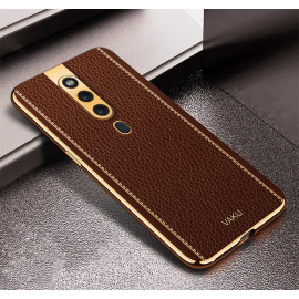 Vaku ® Oppo F11 Pro Luxemberg Series Leather Stitched Gold Electroplated Soft TPU Back Cover