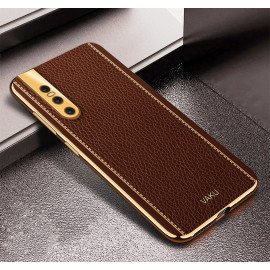 Vaku ® Vivo V15 Pro Luxemberg Series Leather Stitched Gold Electroplated Soft TPU Back Cover