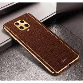 Vaku ® Redmi Note 9 Pro Luxemberg Series Leather Stitched Gold Electroplated Soft TPU Back Cover