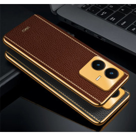 Vaku ® Vivo Y22 Luxemberg Series Leather Stitched Gold Electroplated Soft TPU Back Cover
