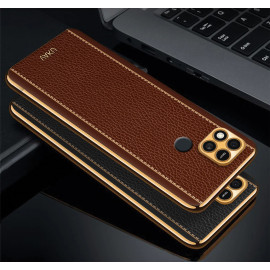 Vaku ® Xiaomi Redmi 10A Luxemberg Series Leather Stitched Gold Electroplated Soft TPU Back Cover