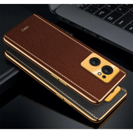 Vaku ® Oppo Reno7 5G Luxemberg Series Leather Stitched Gold Electroplated Soft TPU Back Cover