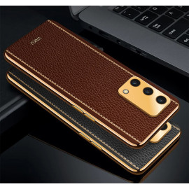 Vaku ® Oppo F19s Luxemberg Series Leather Stitched Gold Electroplated Soft TPU Back Cover