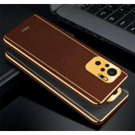 Vaku ® Redmi Note 10 Luxemberg Series Leather Stitched Gold Electroplated Soft TPU Back Cover