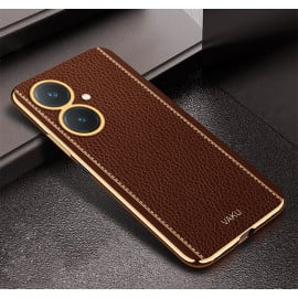 Vaku ® Vivo Y27 Luxemberg Series Leather Stitched Gold Electroplated Soft TPU Back Cover