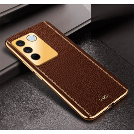 Vaku ® Vivo V27 5G Luxemberg Leather Pattern Gold Electroplated Soft TPU Back Cover