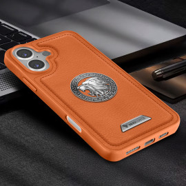 Vaku ® Apple iPhone 16 Plus Regal Shield Metal Lion Engraved Leather Protective Back Cover