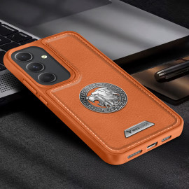Vaku ® Samsung Galaxy A34 5G Regal Shield Metal Lion Engraved Leather Protective Back Cover