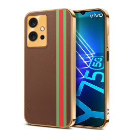 Vaku ® Vivo Y75 5G Felix Line Leather Stitched Gold Electroplated Soft TPU Back Cover Case