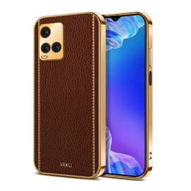Vaku ® Vivo Y33T Luxemberg Series Leather Stitched Gold Electroplated Soft TPU Back Cover