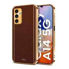 Vaku ® Samsung Galaxy A14 Luxemberg Series Leather Stitched Gold Electroplated Soft TPU Back Cover