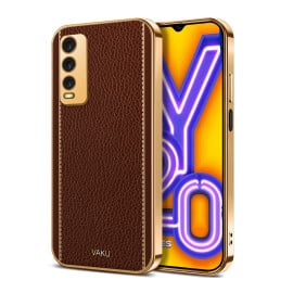 Vaku ® Vivo Y20 Luxemberg Leather Pattern Gold Electroplated Soft TPU Back Cover Case