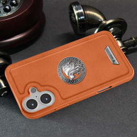 Vaku ® Apple iPhone 16 Regal Shield Metal Lion Engraved Leather Protective Back Cover