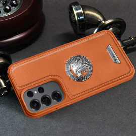 Vaku ® Samsung Galaxy S25 Ultra Regal Shield Metal Lion Engraved Leather Protective Back Cover