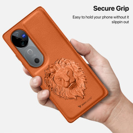 Vaku ® Vivo V40 5G Lion Embossed Luxury Designer Leather Protective Back Cover