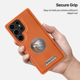 Vaku ® Samsung Galaxy S25 Ultra Regal Shield Metal Lion Engraved Leather Protective Back Cover