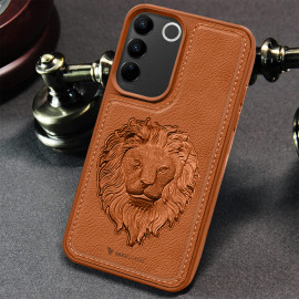 Vaku ® Vivo V27 5G Lion Embossed Luxury Designer Leather Protective Back Cover Case