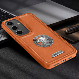 Vaku ® Samsung Galaxy S24 Regal Shield Metal Lion Engraved Leather Protective Back Cover