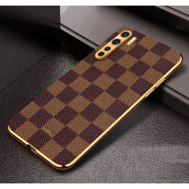 Vaku ® Oppo F15 Cheron Series Leather Stitched Gold Electroplated Soft TPU Back Cover