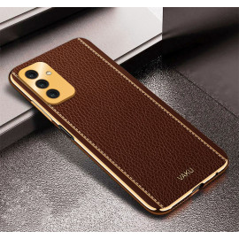 Vaku ® Samsung Galaxy F13 Luxemberg Series Leather Stitched Gold Electroplated Soft TPU Back Cover