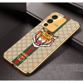 Vaku ® Vivo V23 5G Lynx Designer Leather Pattern Gold Electroplated Soft TPU Back Cover Case