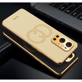 Vaku ® OnePlus 9 Pro Skylar Series Leather Stitched Gold Electroplated Soft TPU Back Cover