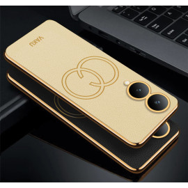 Vaku ® Vivo Y17s Skylar Leather Stitched Gold Electroplated Soft TPU Back Cover Case