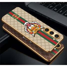 Vaku ® Samsung Galaxy S23 Plus Lynx Leather Stitched Gold Electroplated Soft TPU Back Cover Case