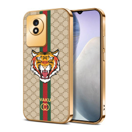 Vaku ® Vivo Y02 Lynx Leather Pattern Gold Electroplated Soft TPU Back Cover Case