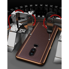 Vaku ® OnePlus 6 Vertical Leather Stitched Gold Electroplated Soft TPU Back Cover