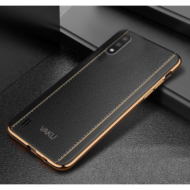 Vaku ® Samsung Galaxy M01 Vertical Leather Stitched Gold Electroplated Soft TPU Back Cover