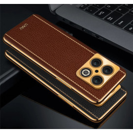 Vaku ® OnePlus 10 Pro Luxemberg Series Leather Stitched Gold Electroplated Soft TPU Back Cover