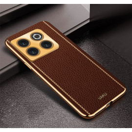 Vaku ® OnePlus 10T Luxemberg Series Leather Stitched Gold Electroplated Soft TPU Back Cover