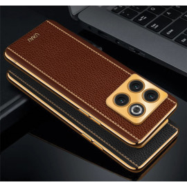 Vaku ® OnePlus 10T Luxemberg Series Leather Stitched Gold Electroplated Soft TPU Back Cover