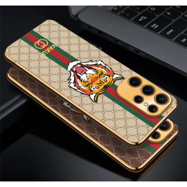 Vaku ® Samsung Galaxy S22 Ultra Lynx Leather Stitched Gold Electroplated Soft TPU Back Cover