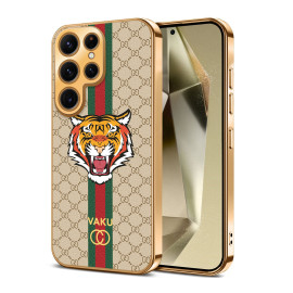 Vaku ® Samsung Galaxy S24 Ultra Lynx Leather Pattern Gold Electroplated Soft TPU Back Cover